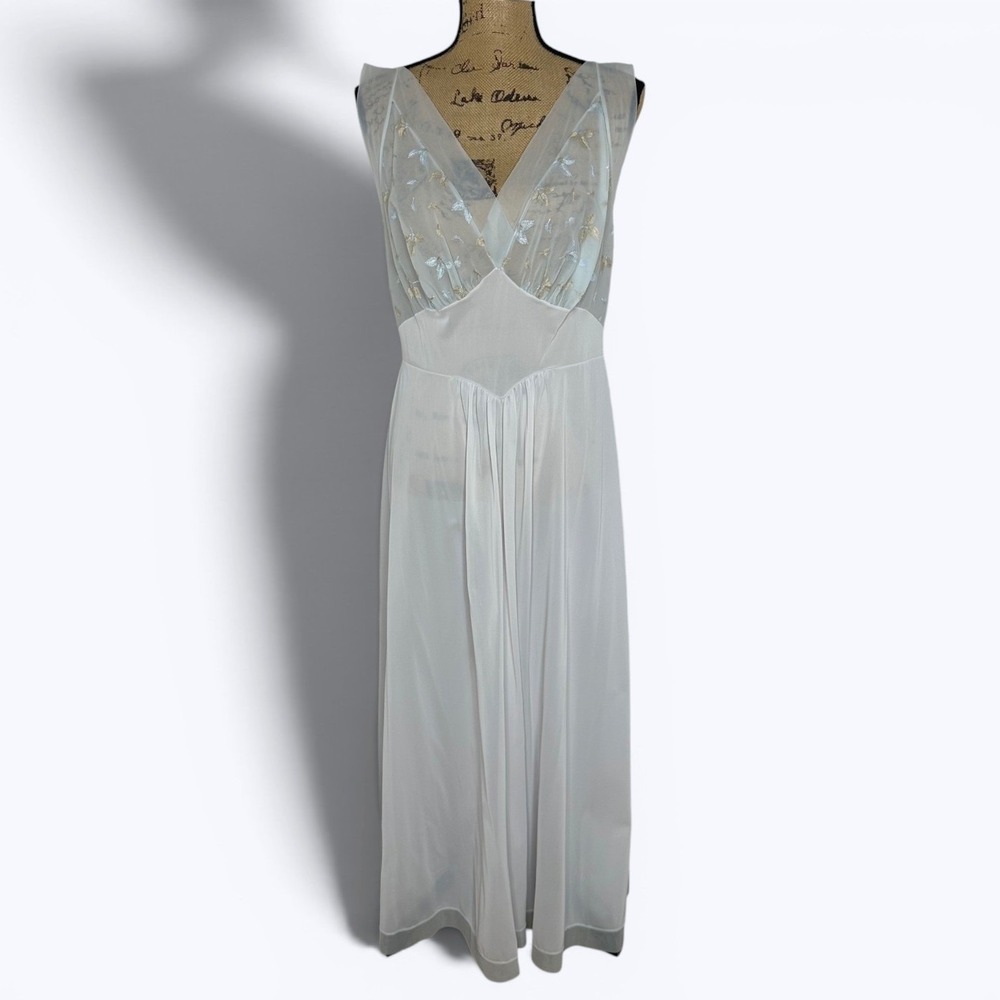 Vtg Maxi Nightgown Lingerie Light Blue Embroidered Leaf Mesh Ethereal Coquette